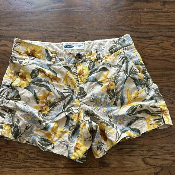 Old Navy Everyday Shorts Yellow Tropical Print Linen Rayon Mid Rise Zip Fly 8 - Picture 3 of 17